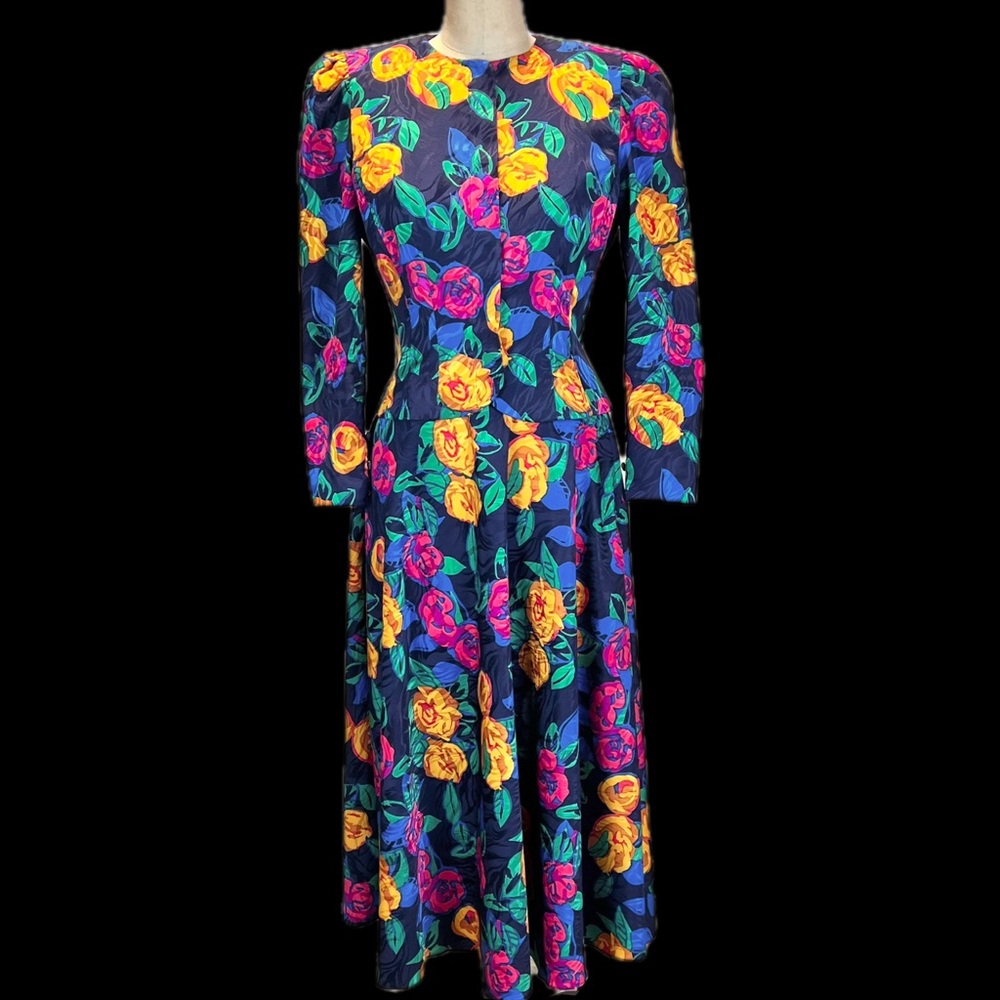 VINTAGE 80s bold floral 2 piece dress set maxi skirt tailored bodice colorful